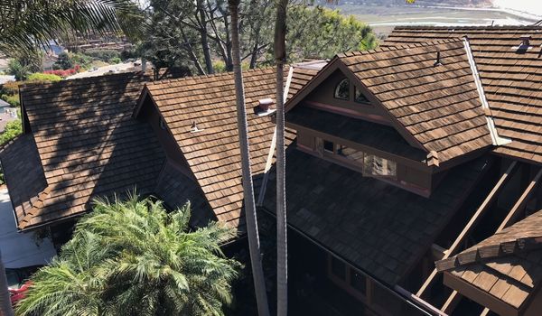 Composite Wood shingle roofing on San Diego beach house