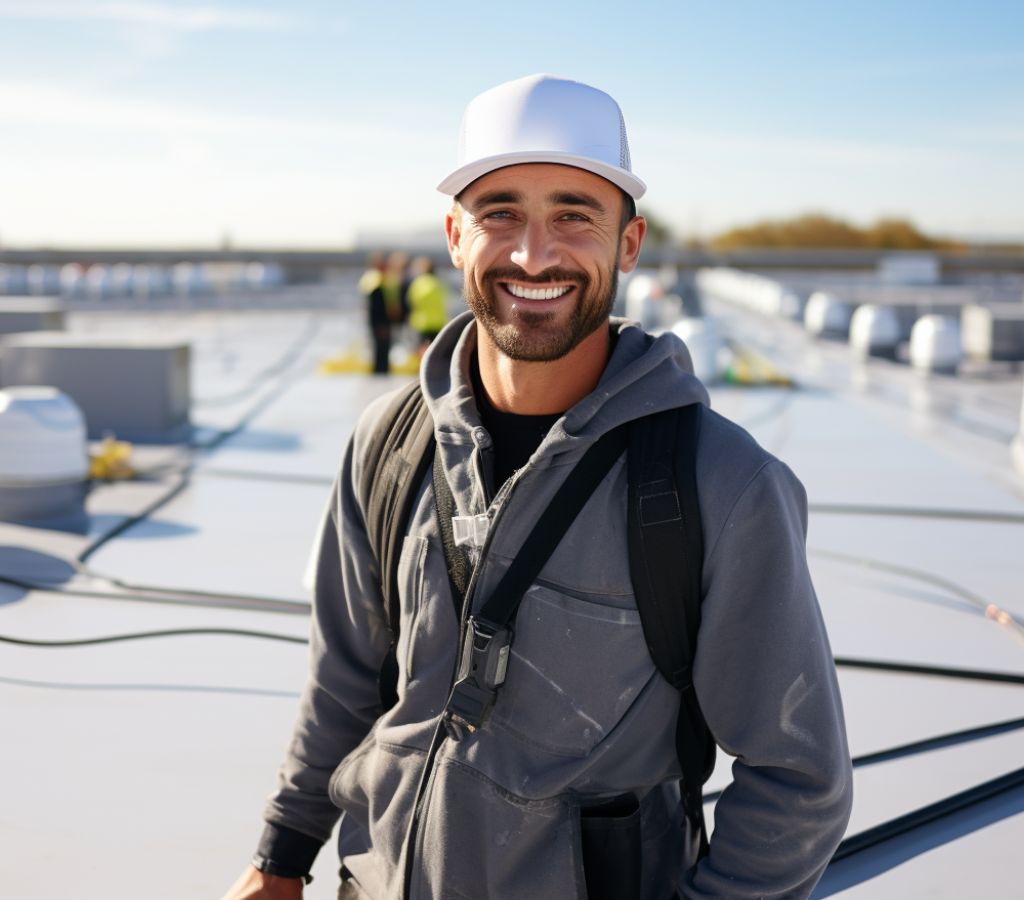 roofing contractor standing on commercial SPF flat roof smiling at the camera